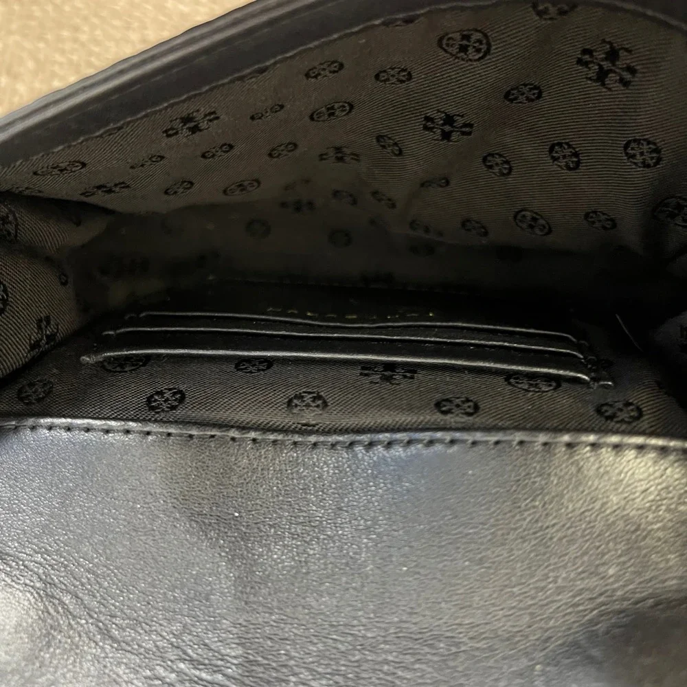 Tory‎ Burch Black Embossed Leather Crossbody Bag Gold Chain Strap Women